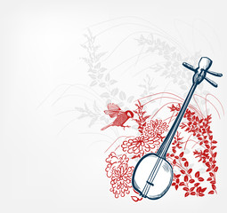 sanshin japanese vector sketch illustration engraved chinese musical instrument card