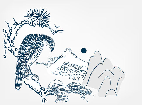 falcon hawk bird mountains view card vector sketch illustration line art japanese chinese oriental design