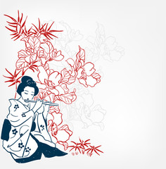Fototapeta na wymiar fue flute japanese vector sketch illustration engraved chinese musical instrument kimoni girl play
