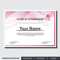 Certificate of authenticity in red theme. This certificate design template is easy to use and editable. Use for your business and events.