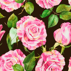 Watercolor seamless pattern with rose, red, pink roses flowers, botanical drawing. Stock illustration. Fabric wallpaper print texture.