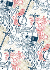 biwa sanshin vector sketch illustration line art japanese chinese oriental design seamless pattern