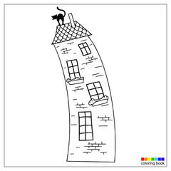 Linear drawing of a fairy-tale house, for printing, coloring, and other design elements. House with a cat on the roof. Vector illustration.