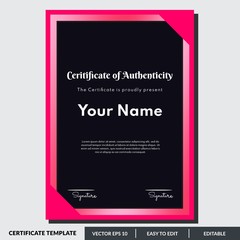 Certificate of authenticity in red theme. This certificate design template is easy to use and editable. Use for your business and events.