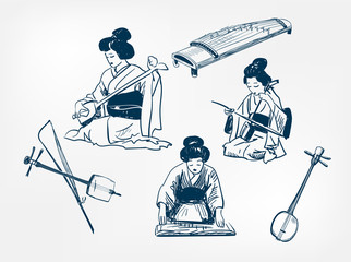 koto sanshin kokyu japanese vector sketch illustration engraved chinese musical instrument kimono girl