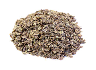 Pile of dill seeds isolated on white background.