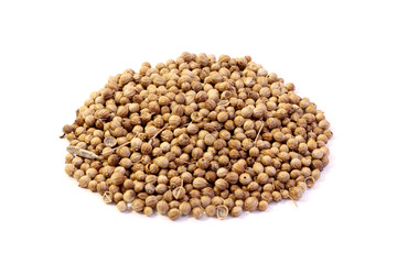 Pile of coriander seeds isolated on white background.