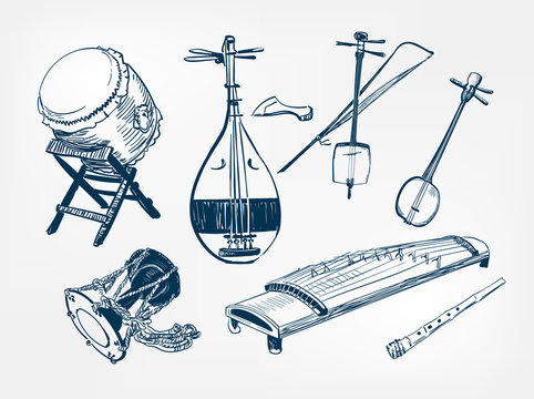 Vecteur Stock Drum tam-tam, ethnic music instrument, sketch