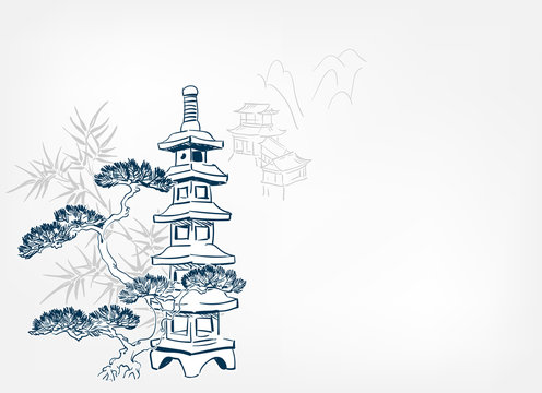 toro stone lighting card vector sketch illustration line art japanese chinese oriental design
