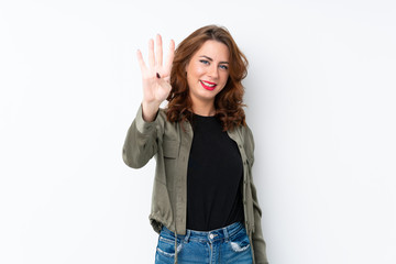 Fototapeta na wymiar Young Russian woman over isolated white background happy and counting four with fingers