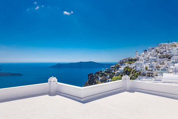 Summer vacation landscape. Beautiful view of famous romantic white town in Santorini Island, Greece