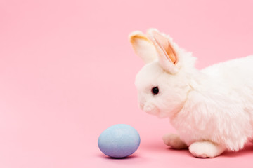 Decorative bunny and blue easter egg on pink background