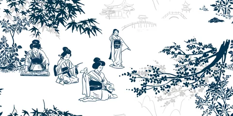Behang Japanse stijl vector inkt illustratie schets japans chinees stijl zeer fijne tekeningen ontwerp naadloos patroon kimono meisje speelt muziek