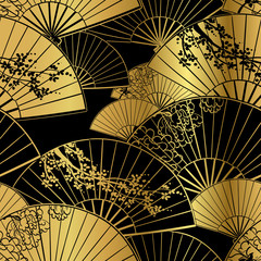 fan flower unbrella vector japanese chinese seamless pattern design gold black