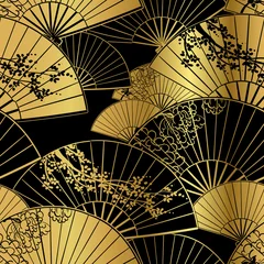 Papier Peint photo Style japonais ventilateur fleur unbrella vecteur japonais chinois seamless pattern design or noir