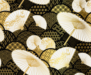 ventilateur fleur unbrella vecteur japonais chinois modèle sans couture conception or noir