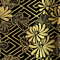 Foto op Plexiglas Zwart goud chrysant vector naadloos japans chinees patroon goud zwart traditioneel