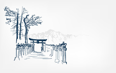thorium toro alley view landscape card vector sketch illustration japanese chinese oriental line art © CharlieNati