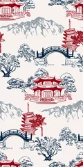Buddhism temple card nature landscape view landscape card vector sketch illustration japanese chinese seamless pattern