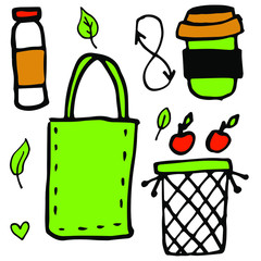 Hand drawn design vector illustration, set of ecology, ecology problem  icons in doodle style