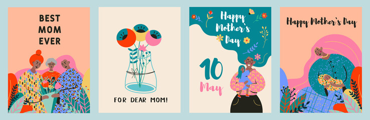 Set of Mother with long hair with daughters and a bouquet of flower. Happy Mother's Day celebration greeting card design decorated with flowers in flat hand drawn style.