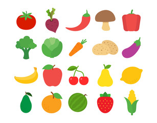 Flat design fresh raw fruits and vegetables vector icon set.