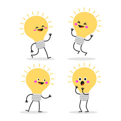 Set of cartoon images of funny yellow light bulbs with emotions on a white background.