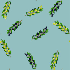 Seamless pattern with sprigs of olives on a blue background. Sketch, vector. Use for fabric, wallpaper, textile, wrapping paper, dishes, napkins.