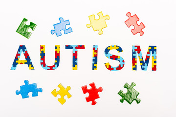 Top view of Autism puzzle lettering isolated on white