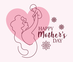 silhouette of woman with baby, label happy mother day