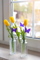Composition with yellow vivid fresh tulips and violet butterfly shaped candies in glass vases, selective focus