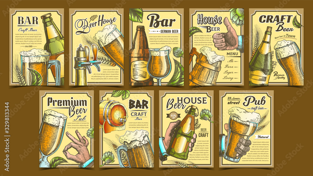 Poster beer pub collection advertising posters set vector. wooden barrel and glass cups, bottles and bar fa