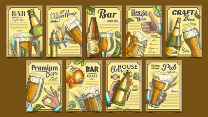 Beer Pub Collection Advertising Posters Set Vector. Wooden Barrel And Glass Cups, Bottles And Bar Faucet, Hops And Wheat On Different Commercial Promotional Banners Tavern. Advertisement Illustrations