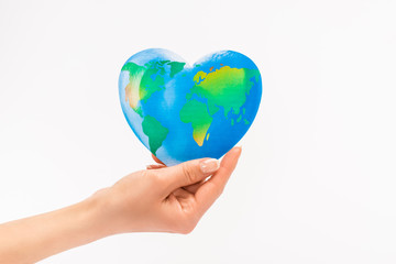 Cropped view of woman holding globe isolated on white, earth day concept