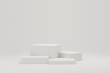 3d rendered illustration with geometric shapes. white cube podium platforms for cosmetic product presentation top light. Abstract composition in modern style.