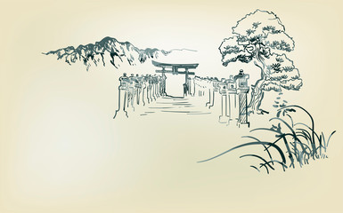 thorium temple nature landscape view vector sketch illustration japanese chinese oriental line art
