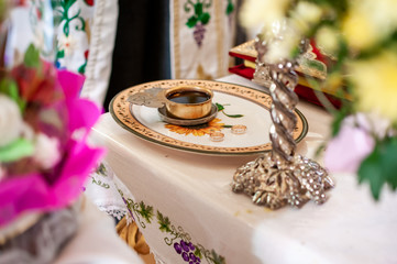 church silver chalice with wine on the plate