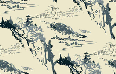bergen natuur landschap weergave vector schets illustratie japans chinees oosters lijntekeningen
