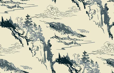 Fotobehang Bergen bergen natuur landschap weergave vector schets illustratie japans chinees oosters lijntekeningen