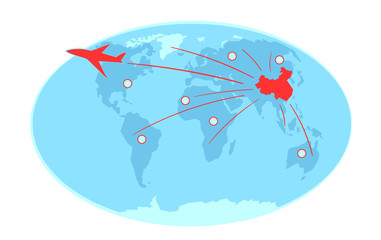 Spreading of coronavirus via airlines on world map. global quarantine due to chinese virus. covid 19 infected countries with airplane. 2019-nCoV SARS pandemic Vector flat isolated on white background