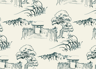 thorium temple nature landscape view vector sketch illustration japanese chinese oriental line art seamless pattern