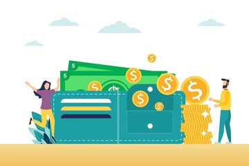 Happy man and woman are standing near the wallet with money and credit cards. The concept of family budget and finance. The concept of electronic wallet. Modern vector illustration.