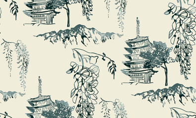 temple nature landscape view vector sketch illustration japanese chinese oriental line art seamless pattern