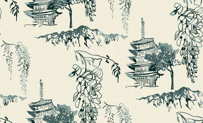 Foto op Plexiglas Japanse stijl tempel natuur landschap weergave vector schets illustratie japans chinees oosters zeer fijne tekeningen naadloze patroon