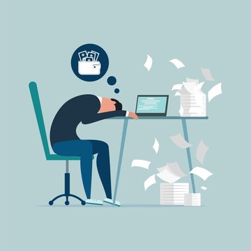 Money Problem Financial Trouble Flat Illustration.Professional Burnout Syndrome. Exhausted Sick Tired Male Manager In Office Sad Boring Sitting With Head Down On Laptop. Frustrated Worker Mental Healt