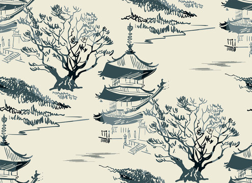 temple nature landscape view vector sketch illustration japanese chinese oriental line art seamless pattern