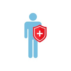 Immune system vector icon logo. Protection against bacteria health viruses . A healthy man icon is standing with a red protective shield. Increase immunity with medicine concept illustration.