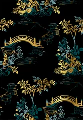Fototapete Blau Gold Tempel Natur Landschaftsansicht Vektor Skizze Illustration Japanisch Chinesisch orientalische Strichzeichnungen nahtloses Muster