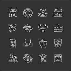 Pet friendly signs chalk white icons set on black background. Cats and dogs allowed territories and institutions. Domestic animals welcome public places. Isolated vector chalkboard illustrations