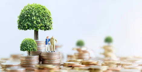 Fotobehang Miniature people: Elderly people sitting on coins stack. social security income and pensions. Money saving and Investment. Time counting down for retirement concept. © TimeShops